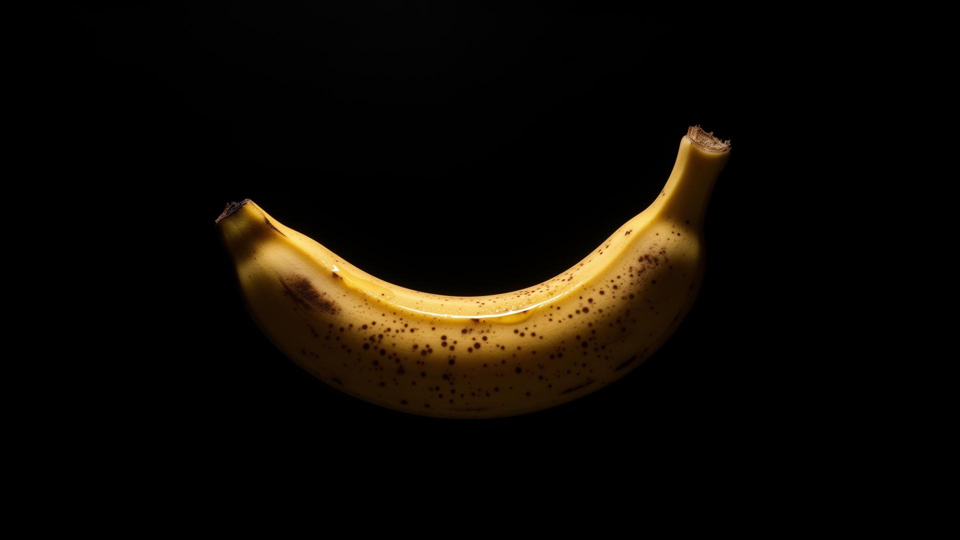 A single ripe yellow banana on a black background